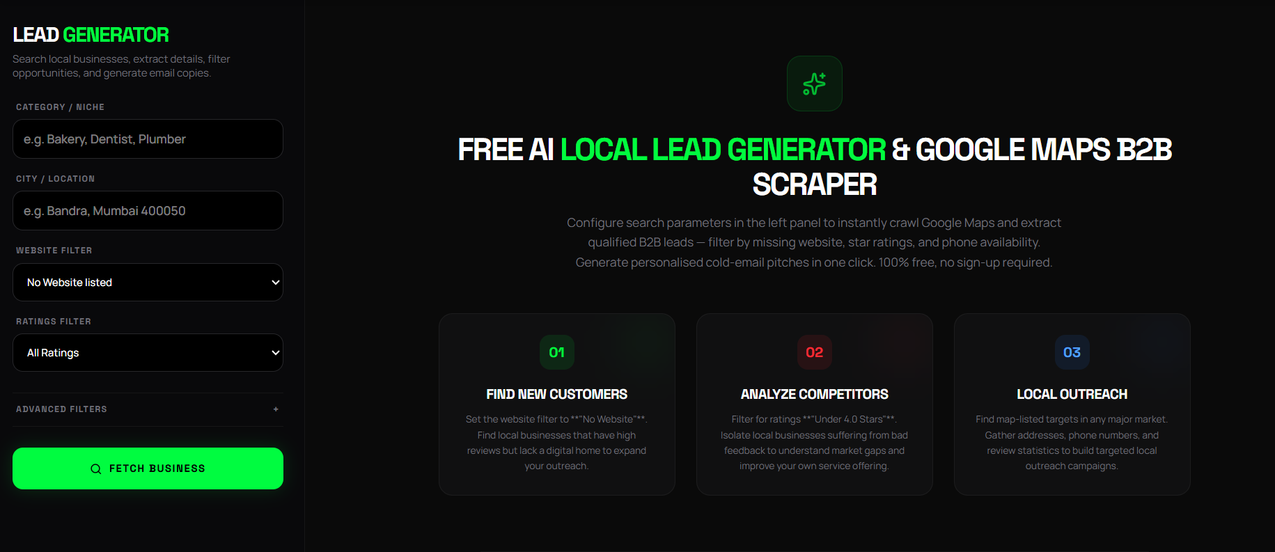 BSG AI Lead Generator search form — category set to Gym, city set to Delhi India, website filter set to No Website Listed